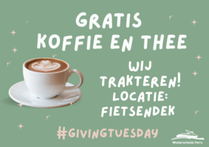 Illustratie van een kopje koffie met daarbij de tekst: gratis koffie en thee, wij trakteren. Locatie: fietsendek #givingtuesday