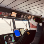 Kapitein met kerstmuts op in het stuurhuis van de Westerschelde Ferry