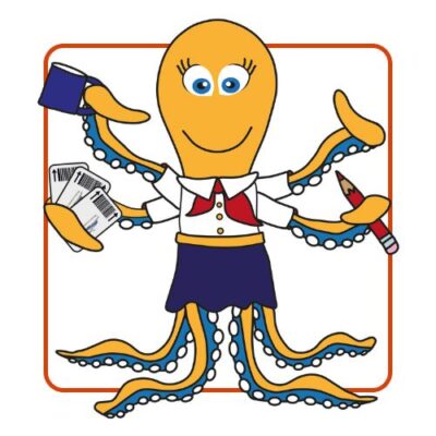 Illustratie van Maatje van de kaartjes, een gele inktvis met een kopje koffie, tickets en een potlood in haar tentakels. Een karaktertje van de Westerschelde Ferry