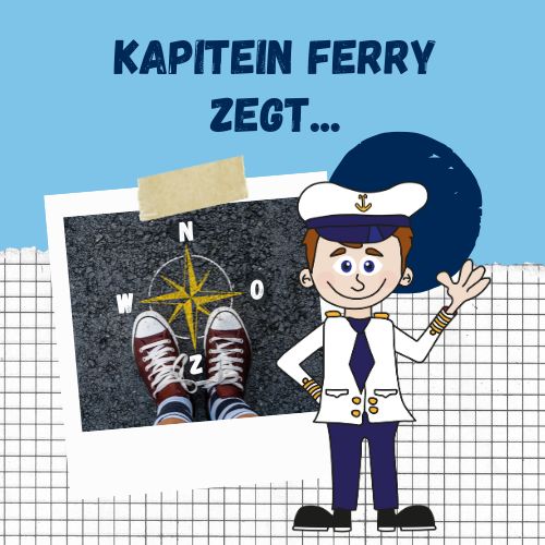 Collage met een foto van een windroos en een illustratie van kapitein ferry