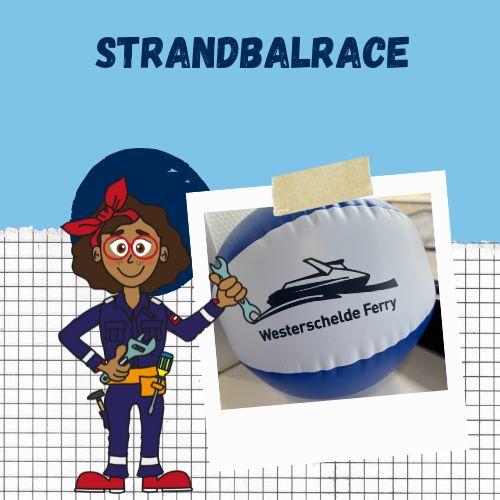 Collage met de foto van een blauw-witte strandbal met het logo van de Westerschelde Ferry en een illustratie van machinist kee