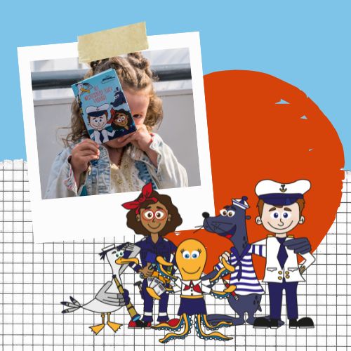 Collage met foto van een meisje met kinderpaspoort, illustratie van de vijf Westerschelde Ferry karakters. Op de achtergrond een oranje cirkel en ruitjespapier.
