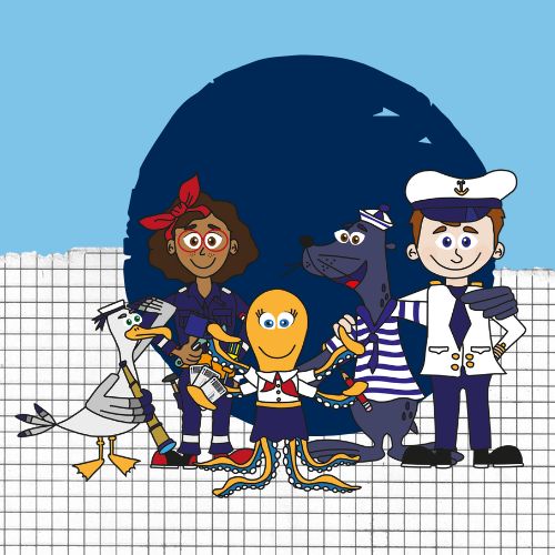Illustratie van de Westerschelde Ferry karakters Stuurman Plume (meeuw), Machinist Kee (meisje), Maatje van de kaartjes (gele octopus), Matroos Babbelaar (zeehond) en Kapitein Ferry (jongen)